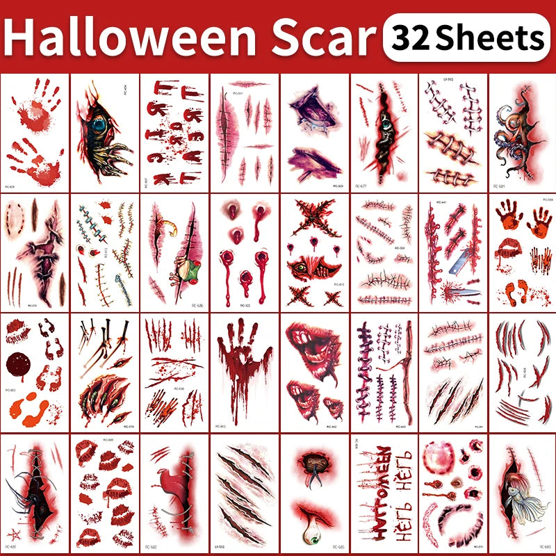32 Uds. Tatuajes temporales de cicatriz falsa 3D de Halloween-diseños de heridas sangrientas y zombis para cara/cuerpo, fiesta de disfraces, broma y Cosplay