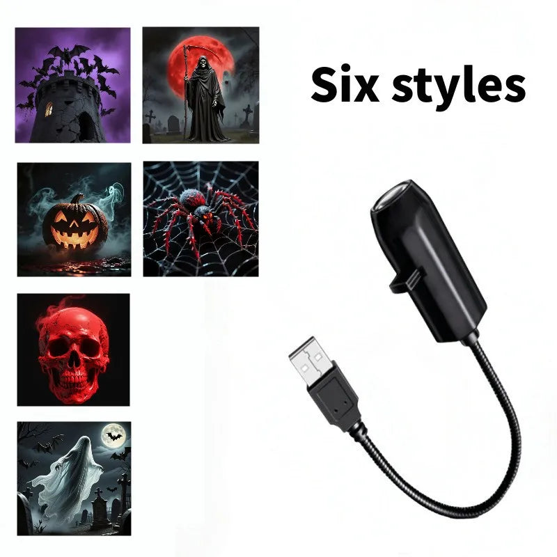 Luz de proyector USB para Halloween, lámpara de noche con proyector LED de calavera y fantasma, patrones intercambiables para decoración de techos, ventanas y paredes de habitaciones