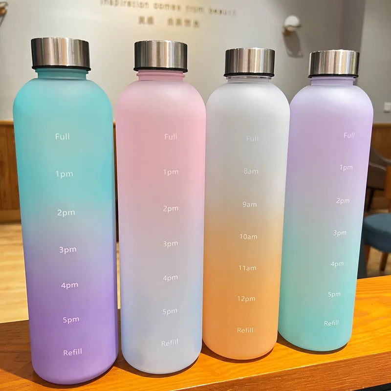 Nueva botella de agua de 1L con sello de tiempo, sin BPA, reutilizable, para deportes de Fitness, viajes al aire libre, taza de agua a prueba de fugas, hervidor esmerilado