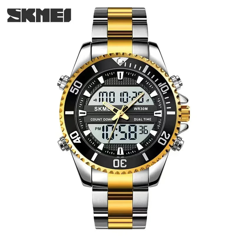 Reloj SKMEI con alarma para hombre, resistente al agua, de acero inoxidable, con doble pantalla, reloj digital de moda para caballero, modelo 1850
