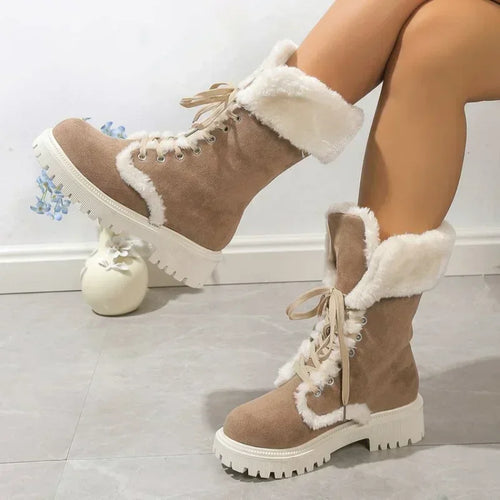 Botas de nieve gruesas de felpa para mujer, botines con plataforma de piel sintética para invierno, botas de nieve con cordones a media pantorrilla, zapatos de algodón grueso