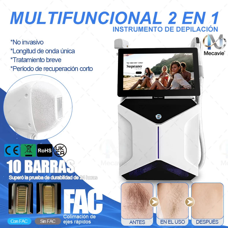 Máquina Láser de Diodo Profesional Soprano 2 en 1 de 5000W 755/808/830/940/1064nm para Depilación y Eliminación de Tatuajes con Sistema de Enfriamiento por Hielo