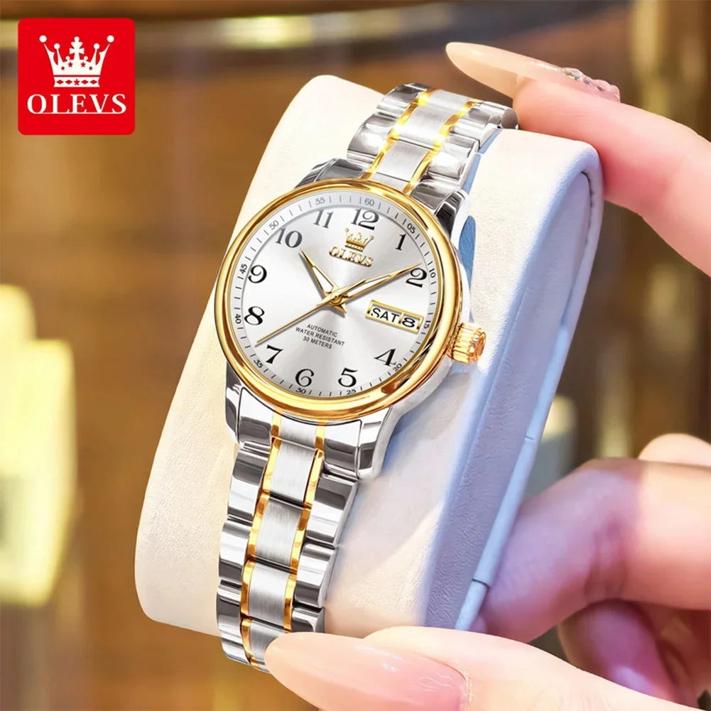 Reloj mecánico sencillo OLEVS 7072 para mujer, con fecha automática, números, marca de prestigio, resistente al agua y movimiento automático.