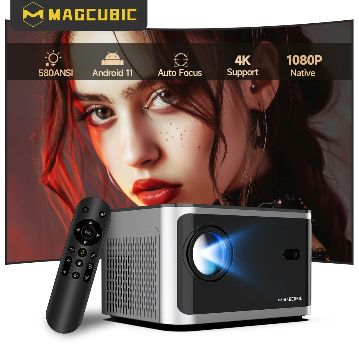 Proyector de Cine en Casa Magcubic HY350, Proyector Nativo 1080P, Enfoque Automático, Android 11, 4K, Wifi6, 580ANSI, 2+32G, Control por Voz, BT5.0