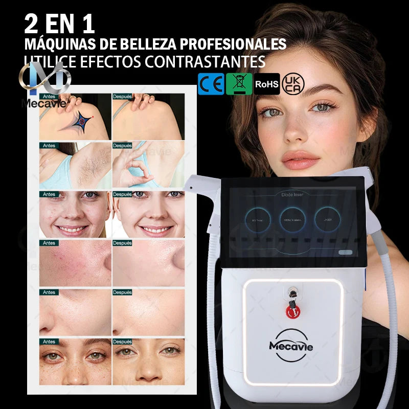 Máquina Láser Diodo + Pico 2 en 1 Mecavie – Tecnología FAC Lens con Enfriamiento de Punto Frío de 4 Longitudes de Onda – Depilación Indolora y Eliminación de Tatuajes para Todos los Tonos de Piel – 755/808/940/106