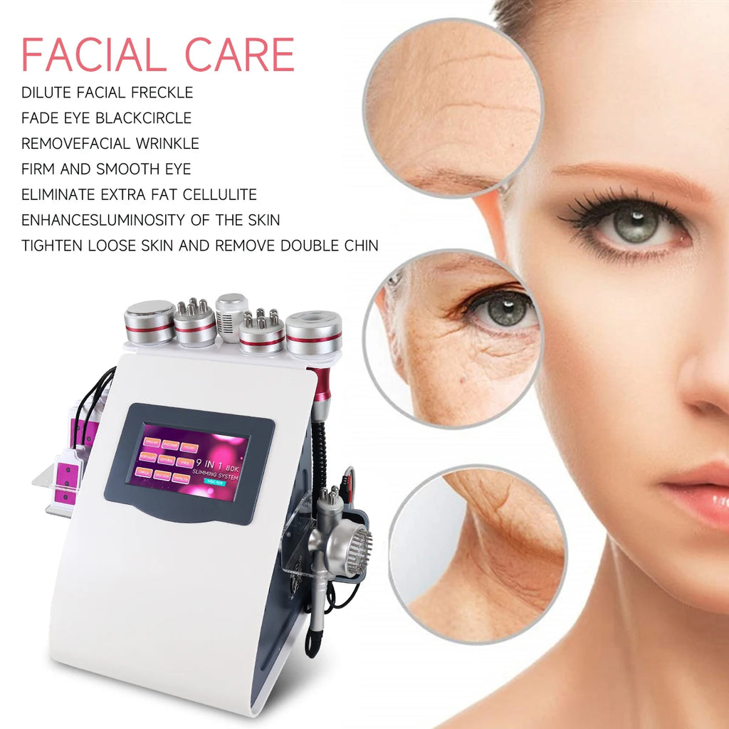 Máquina de Belleza 9 en 1, Nueva, 80K, Cavitación, Vacío, Adelgazamiento, Masaje, Radiofrecuencia RF, Dispositivo de Lifting y Tensado de la Piel del Rostro