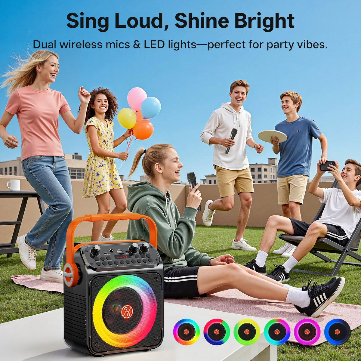 Altavoz Portátil Karaoke con Entrada USB/Tarjeta TF/Bluetooth/Aux, Función de Grabación, Altavoz Potente para Fiestas, Camping, Playa, Garaje