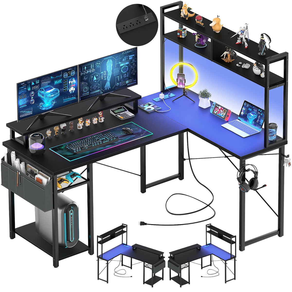 Escritorio en L negro con luces LED, estantes para monitor y cajón de almacenamiento