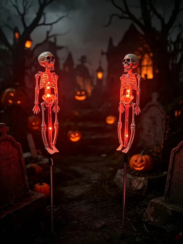 Set de 2 luces solares de Halloween con forma de esqueleto de murciélago en 3D, luces LED moradas y naranjas para jardín, decoración impermeable de terror para fiestas en casa