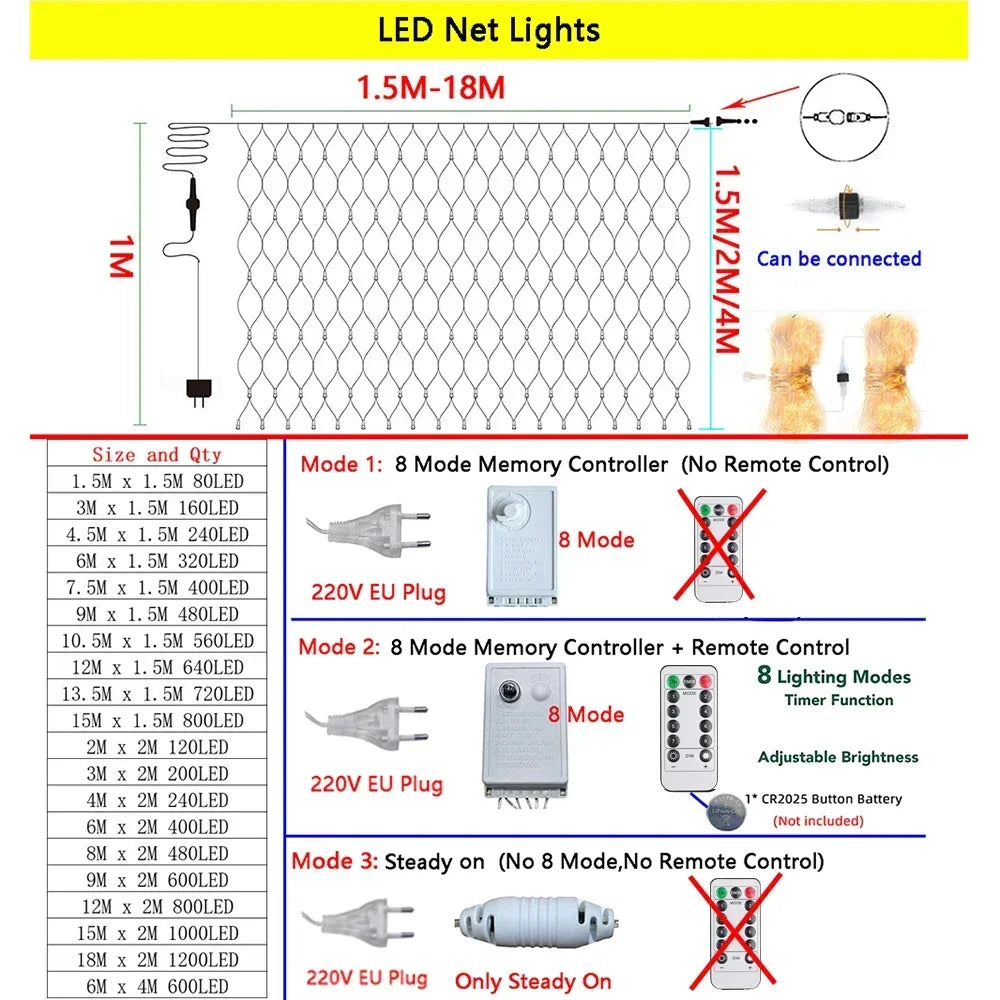 LED Festoon String Christmas Net Mesh Lights Fairy Curtain Garland Outdoor Waterproof 3M-18M For Party Garden Wedding Decoration