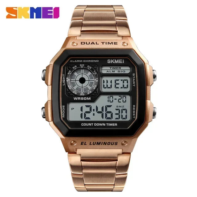 Reloj digital SKMEI 1335 para hombre, deportivo retro, resistente al agua, cronógrafo, reloj de pulsera electrónico, reloj de acero inoxidable para hombre