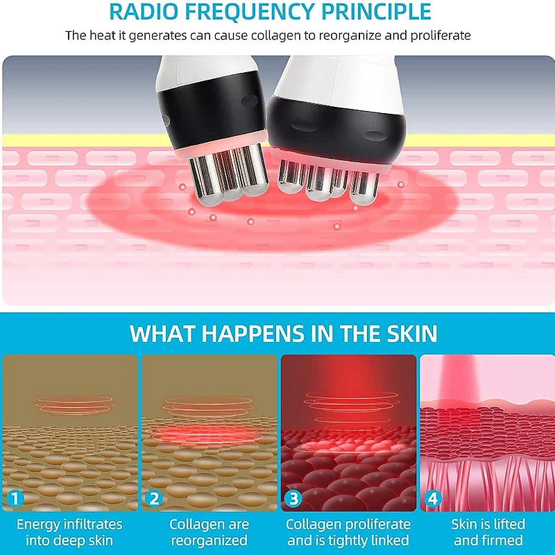 Dispositivo de belleza con tecnología de cavitación ultrasónica y múltiples sondas, que incluye masaje con vacío y funciones para el cuidado de la piel y la estética corporal.