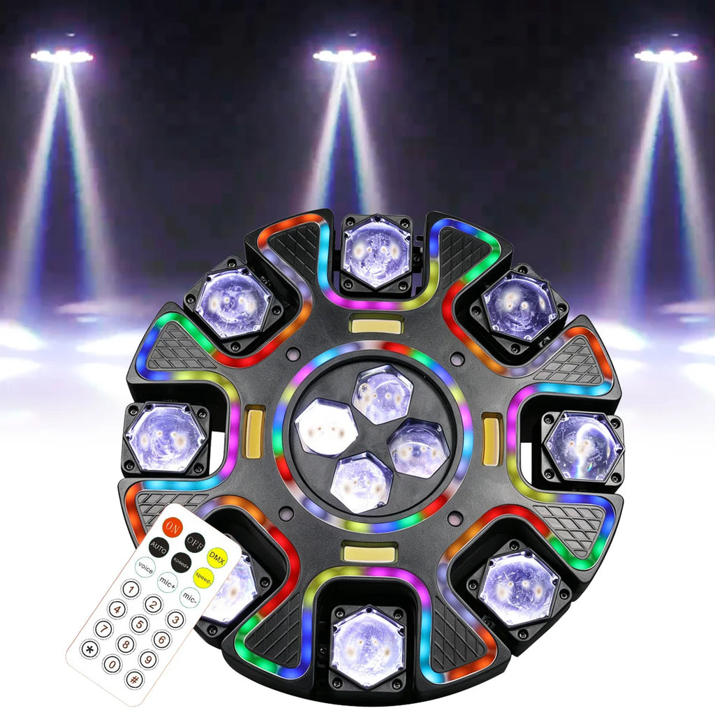 Luz Móvil de 8 Brazos con Efecto Ojo de Abeja de 240W, Combinación de Haz, Láser y Estroboscópico, Control por Sonido/Remoto, para Bares/KTV/Fiestas