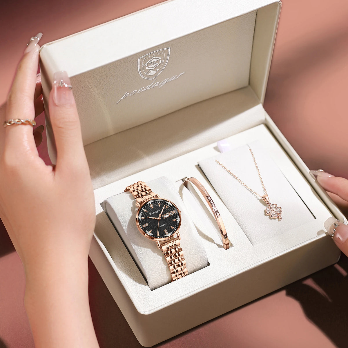 POEDAGAR Juego de 3 relojes de pulsera elegantes para mujer, de acero inoxidable, impermeables, luminosos, con fecha y día, de cuarzo, con caja de lujo
