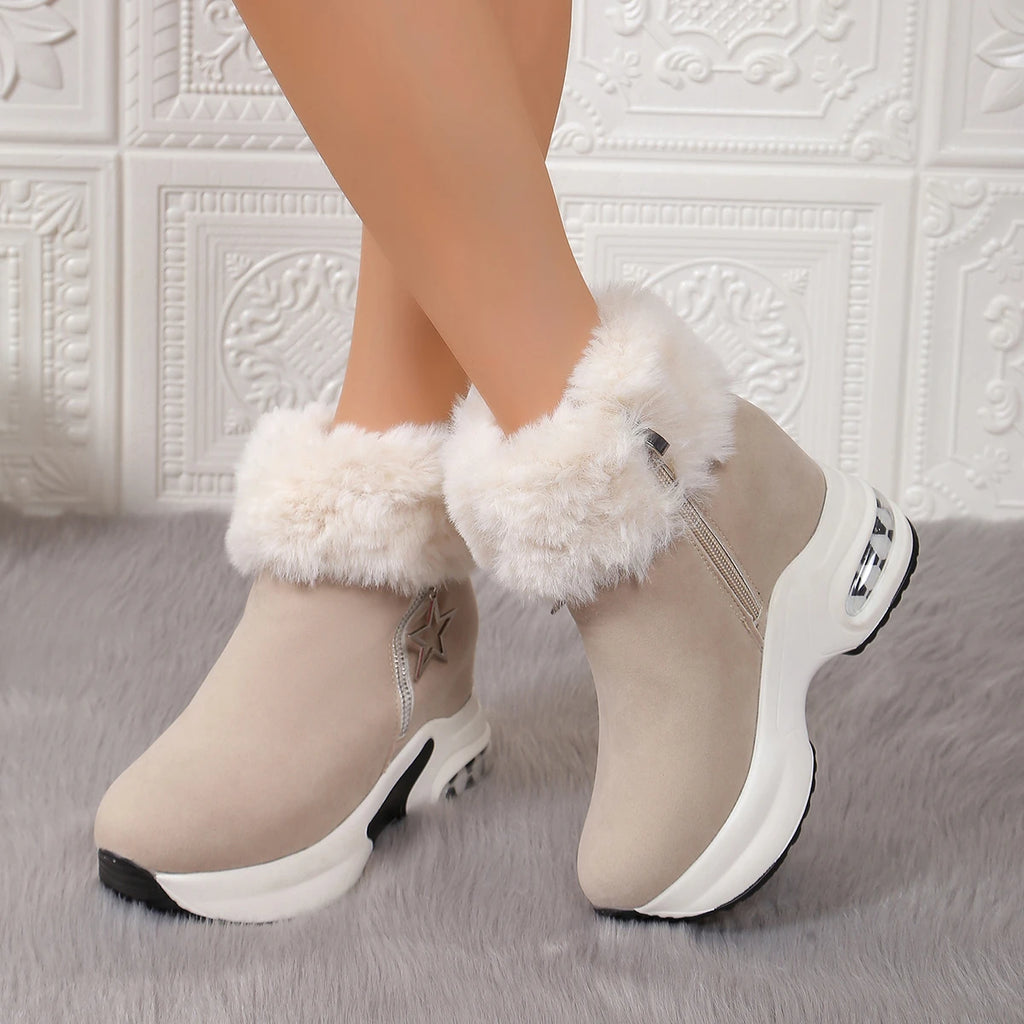 Botas informales de tacón alto para mujer, zapatos de cuña peluda gruesa, botas de nieve con plataforma para exteriores, invierno, 2024