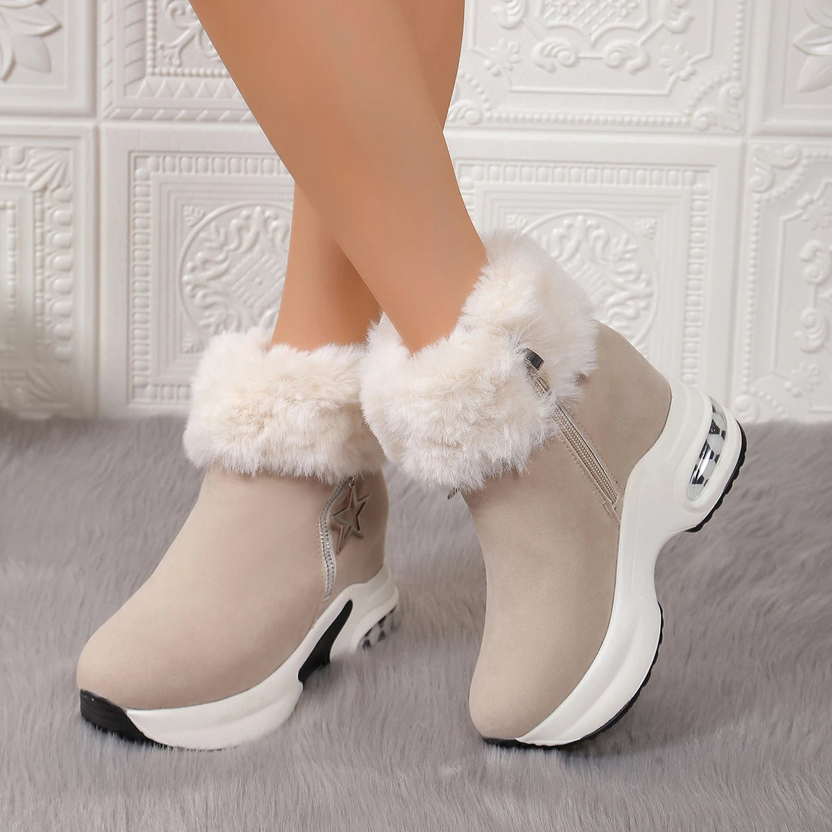 Botas informales de tacón alto para mujer, zapatos de cuña peluda gruesa, botas de nieve con plataforma para exteriores, invierno, 2024