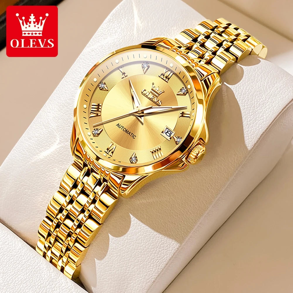 Reloj mecánico para mujer OLEVS, correa de acero inoxidable, calendario, reloj de pulsera de lujo para dama, reloj automático original para mujer 6702