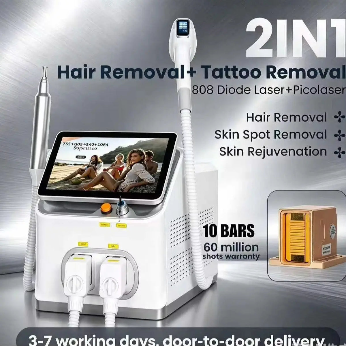 Máquina de Depilación Profesional 2 en 1 de 6 Ondas, Diodo 5000W, 10 Barras, Picosegundos Qswitch ND YAG 1064NM, Máquina de Eliminación de Tatuajes