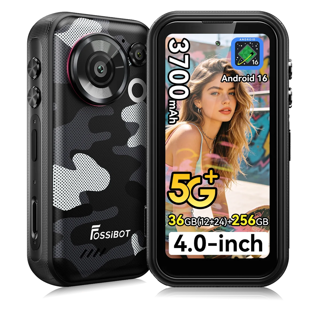 FOSSiBOT F116 Pro 5G Mini Rugged Phone Dimensity 7300, 36GB(12+24)+256GB, 4" HD Screen, 3700mAh 33W Charge, Android 16, 152.6° Wide Angle 50MP+48MP OIS+32MP, IP68, LED Light, One-Click Video, Fashion Business Outdoor Cell Ph