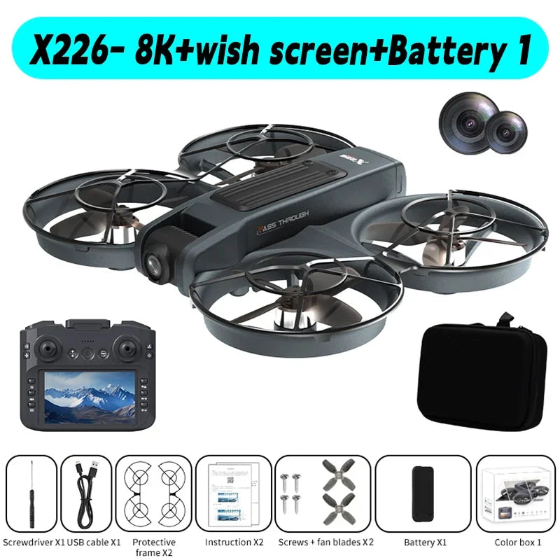 Mini dron con pantalla VR, doble cámara y control remoto con pantalla; batería en funda negra