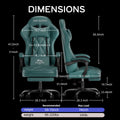 Silla de gaming verde con reposacabezas, reposabrazos y reposapiés, base negra con ruedas