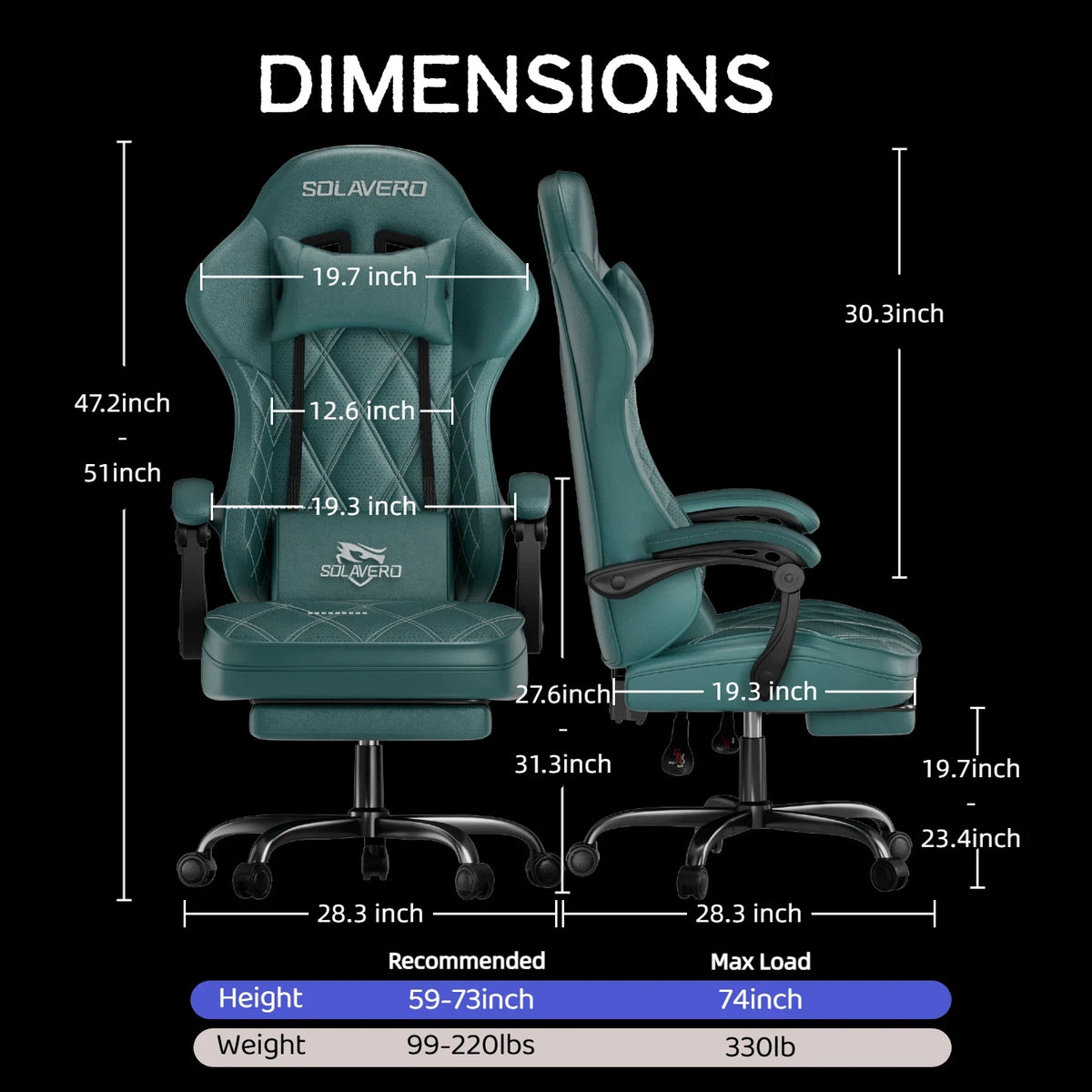 Silla de gaming verde con reposacabezas, reposabrazos y reposapiés, base negra con ruedas
