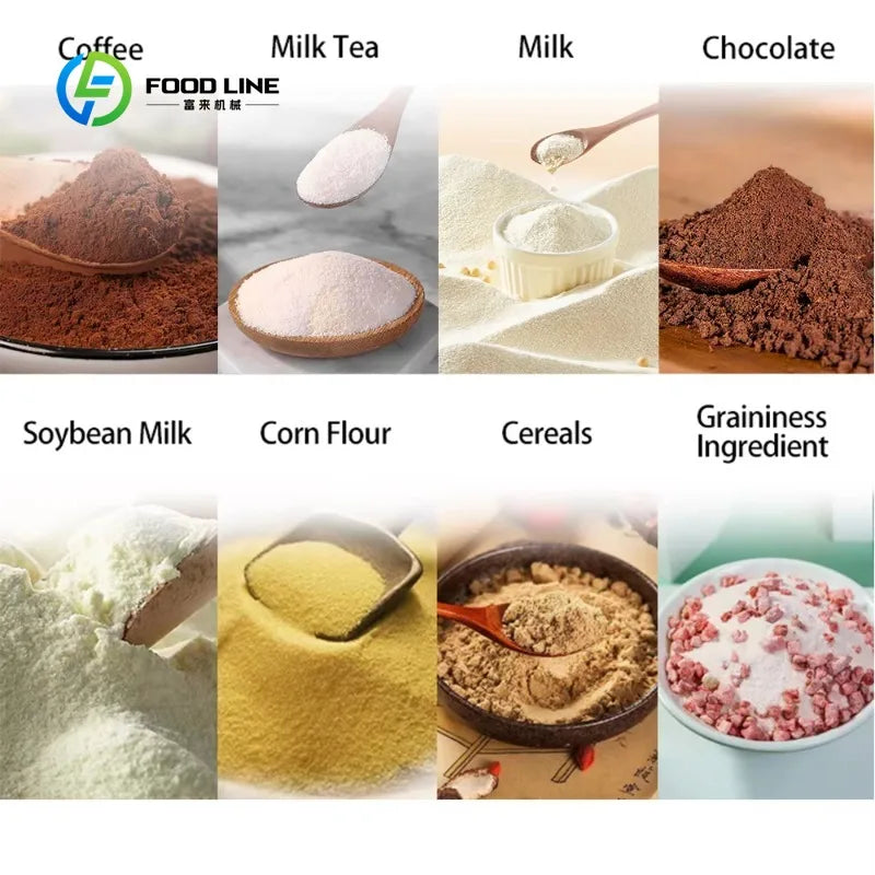 Ingredientes para bebidas: café, leche, té y chocolate en polvo, surtido en collage