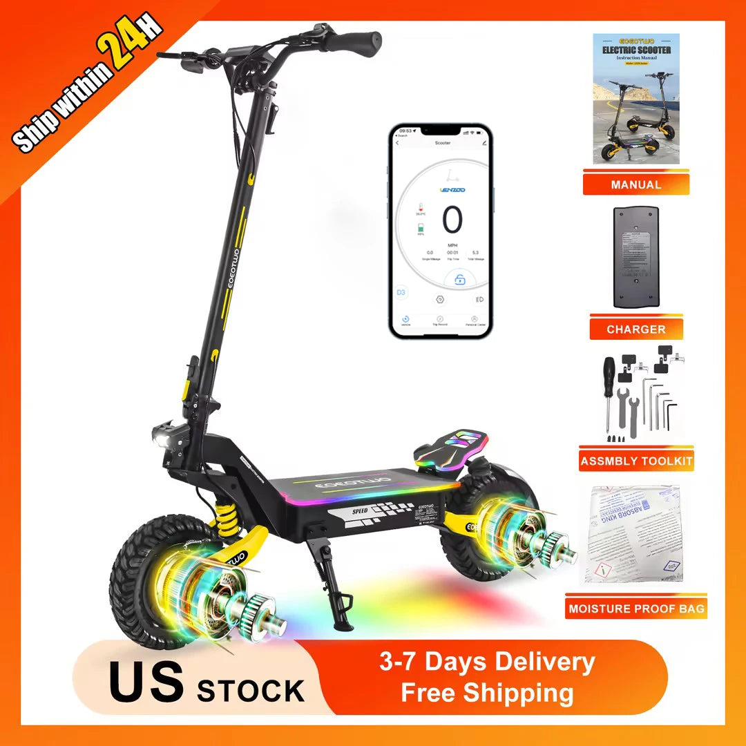 Patinete eléctrico negro y amarillo con ruedas off-road y pantalla de app en el móvil