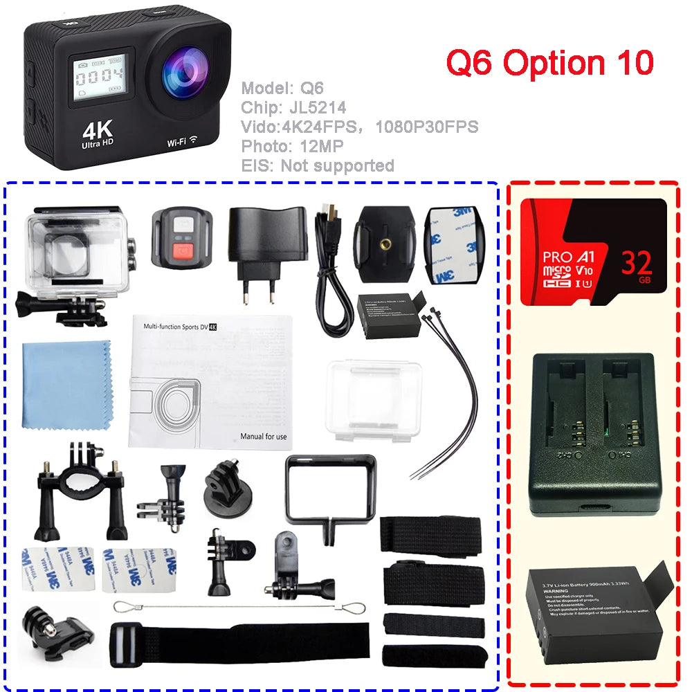 Cámara de Acción Q6S Ultra HD 4K/60fps 24MP WiFi 2 "IPS Screen170D bajo el agua 30M antivibración con lente Sony 386, cámara de vídeo para casco