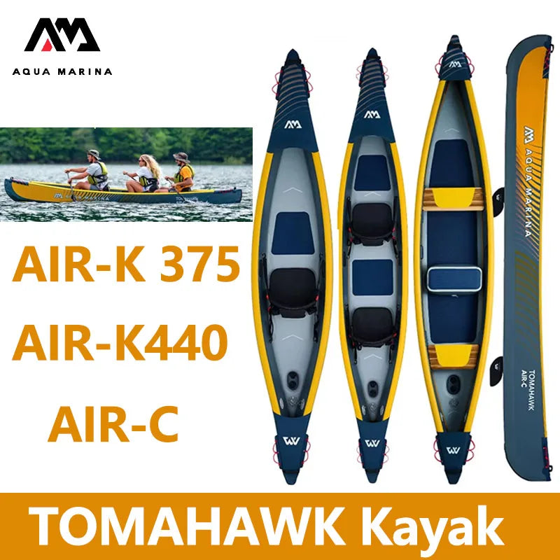 AQUA MARINA Bote Inflable para Remar, Canoa para 1-3 Personas, Doble Capa de PVC Reforzado, con Juego de Asientos Inflables, Kayak TOMAHAWK