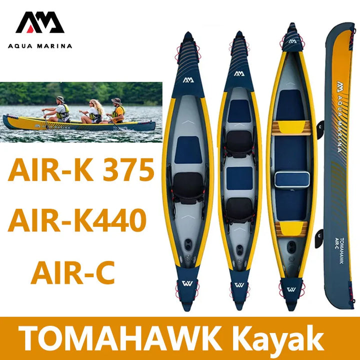 AQUA MARINA Bote Inflable para Remar, Canoa para 1-3 Personas, Doble Capa de PVC Reforzado, con Juego de Asientos Inflables, Kayak TOMAHAWK