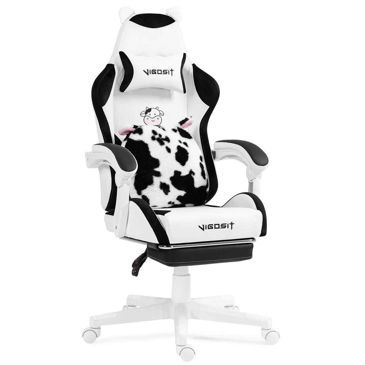 Silla de gaming ergonómica blanco y negro con orejas y cojín estampado