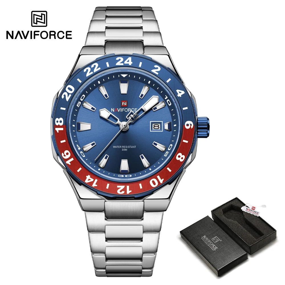 NAVIFORCE 2025 Nuevo Reloj para Hombre Estilo Negocios Clásico Reloj de Pulsera de Cuarzo de Lujo Azul y Dorado Acero Inoxidable Masculino