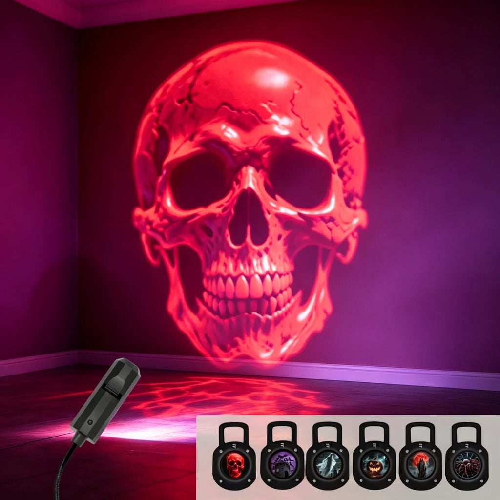 Lámpara de proyección LED de Halloween por USB, luz con 3/6 patrones de fantasma, murciélago, araña, esqueleto, luz de ambiente de Halloween, decoración festiva
