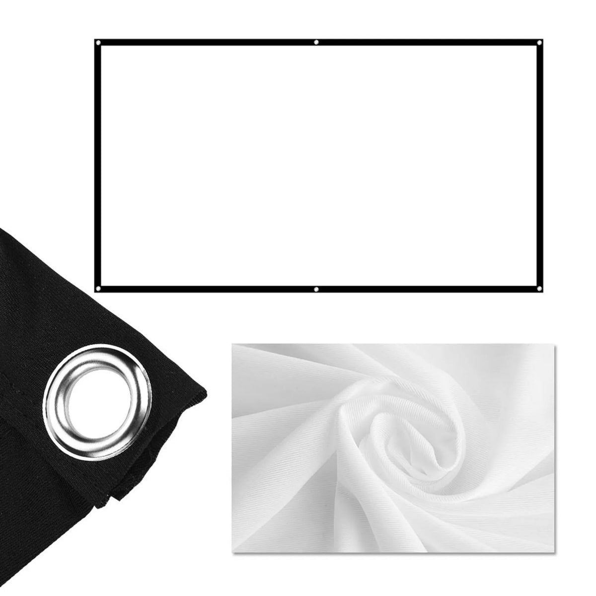 Pantalla de proyector con ventana rectangular y detalle de ojal metálico sobre tela negra