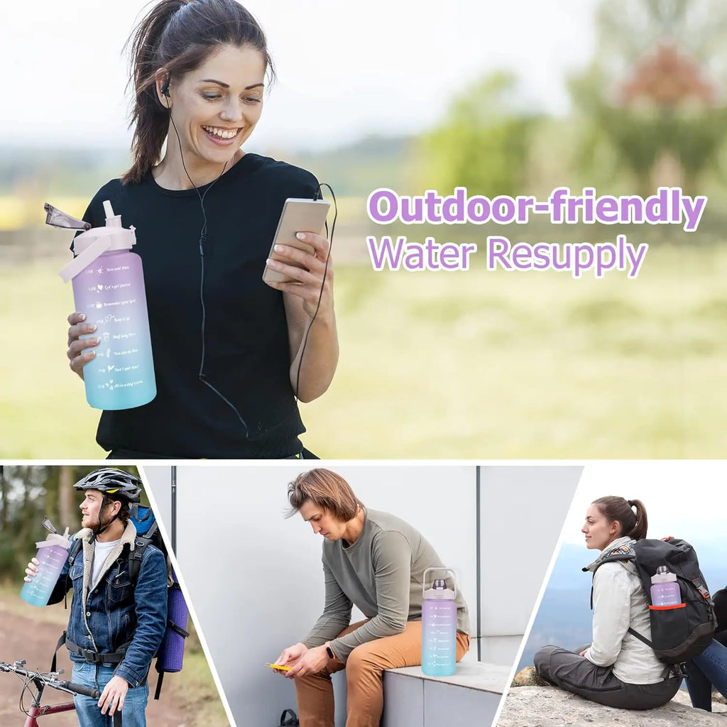 Botella de agua de 2L con pajita, botella de agua deportiva de gran capacidad, botellas para beber portátiles deportivas para viajes y Fitness con marcador de tiempo