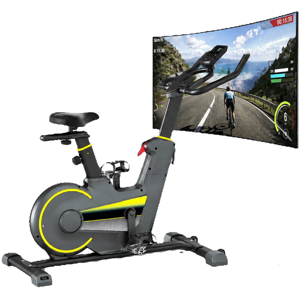 Bicicleta estática de interior con aplicación inteligente, bicicleta de spinning ultra silenciosa, resistencia ajustable, monitor LCD y sensor de frecuencia cardíaca, capacidad máxima de peso 160 kg, bicicleta de fitness