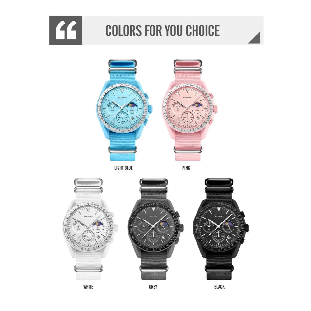 SKMEI Unisex Round Quartz Watch Nylon Strap Moon Phase Chronograph Tachymeter Date Lightweight Wristwatch for Men Women 9392