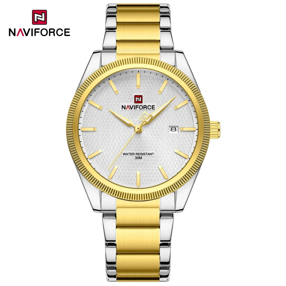 Reloj de cuarzo casual para hombre NAVIFORCE con movimiento luminoso, correa de acero inoxidable, pantalla de manecillas y resistencia al agua de 3ATM