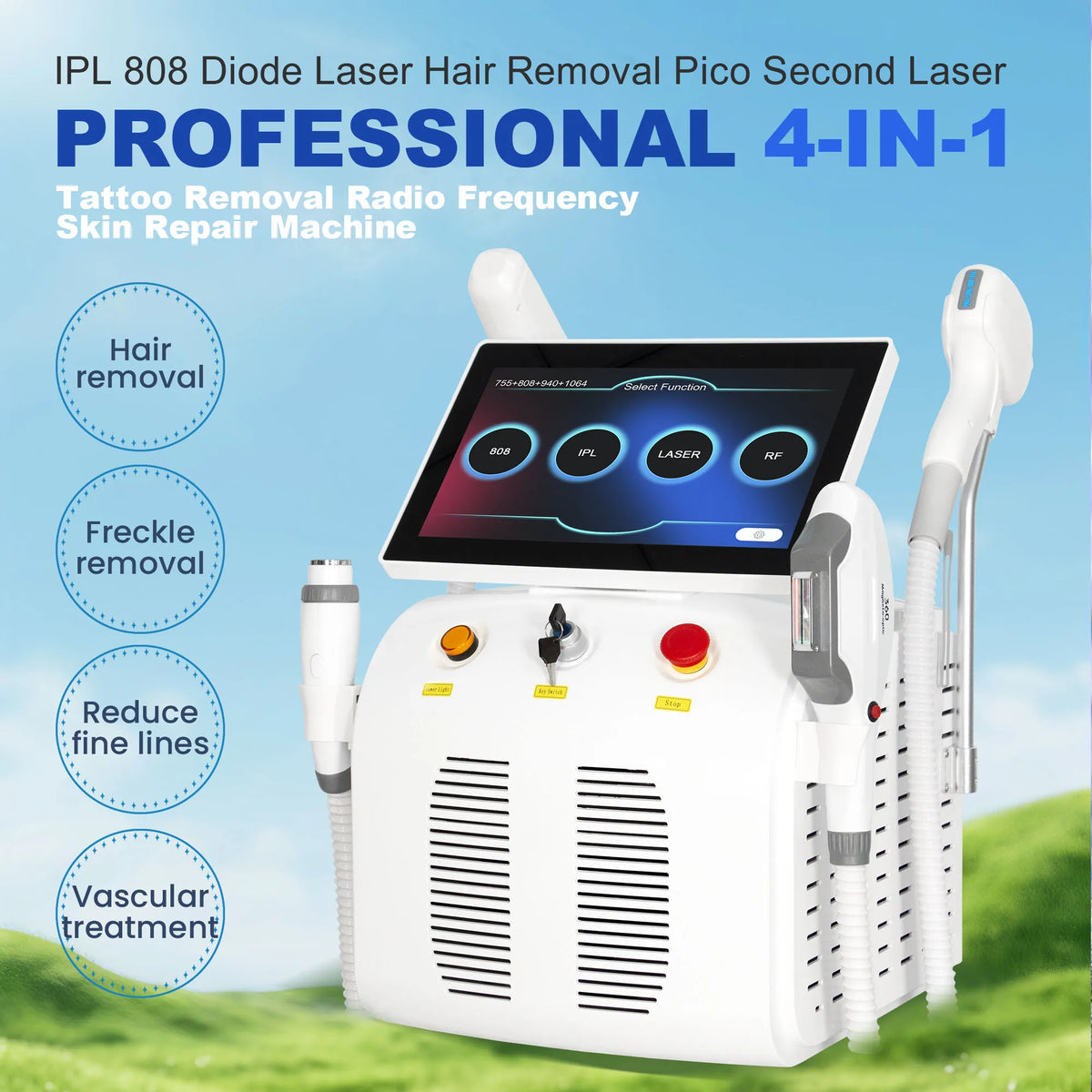 Máquina de Depilación Láser de Diodo 4 en 1, la Más Nueva, Pico 808, Peeling de Carbono, RF, IPL, Nd Yag, Picosegundo, Opt, Eliminación de Tatuajes