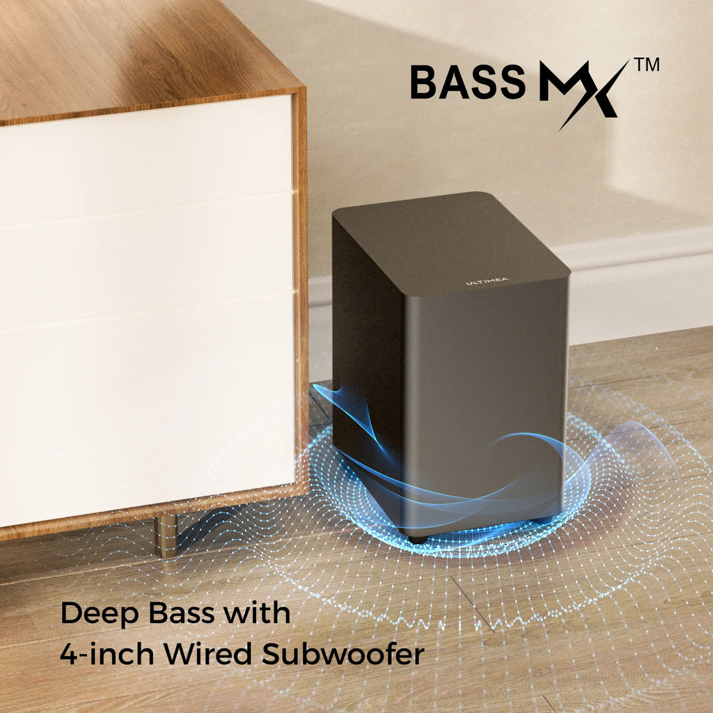 Subwoofer alargado negro con logotipo BASS MX y luces LED azules