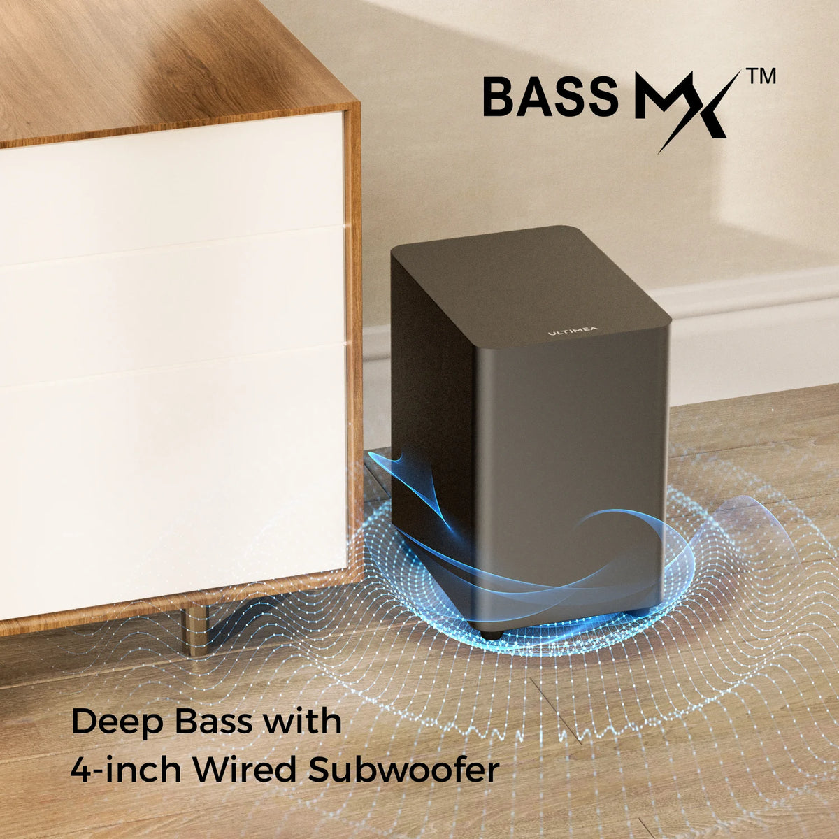 Subwoofer alargado negro con logotipo BASS MX y luces LED azules