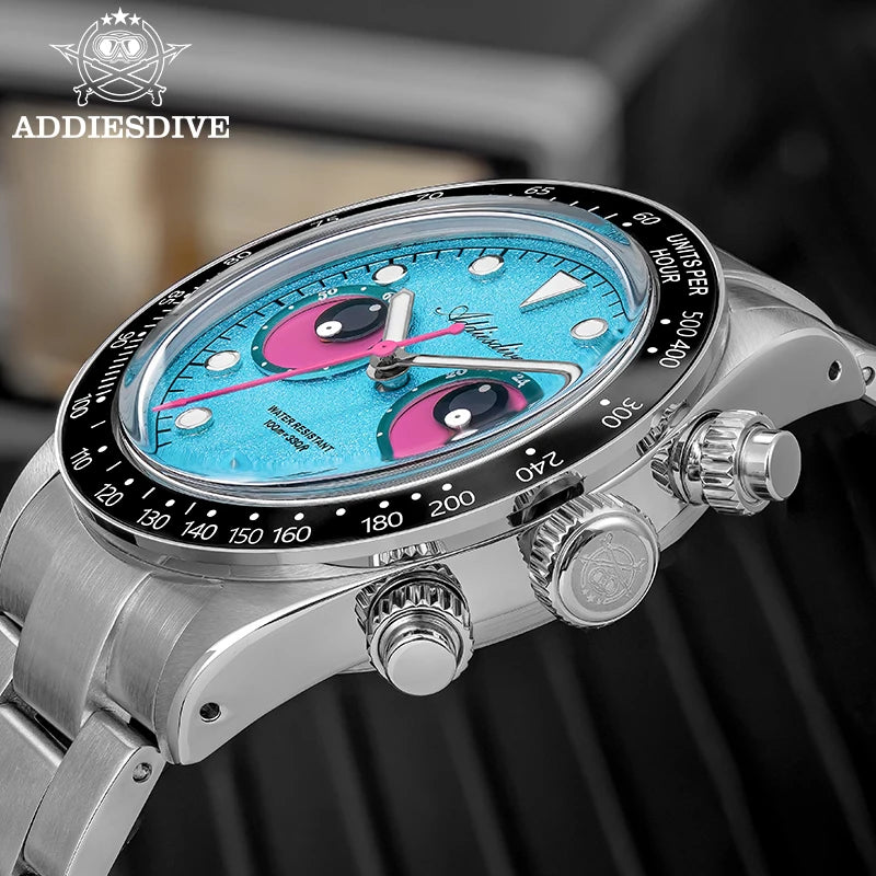 Reloj de lujo para hombre ADDIESDIVE AD2557 con esfera divertida, cronógrafo Meca-Quartz VK64, bisel de cerámica de 40 mm, luminiscencia BGW9 y resistente al agua hasta 100 m