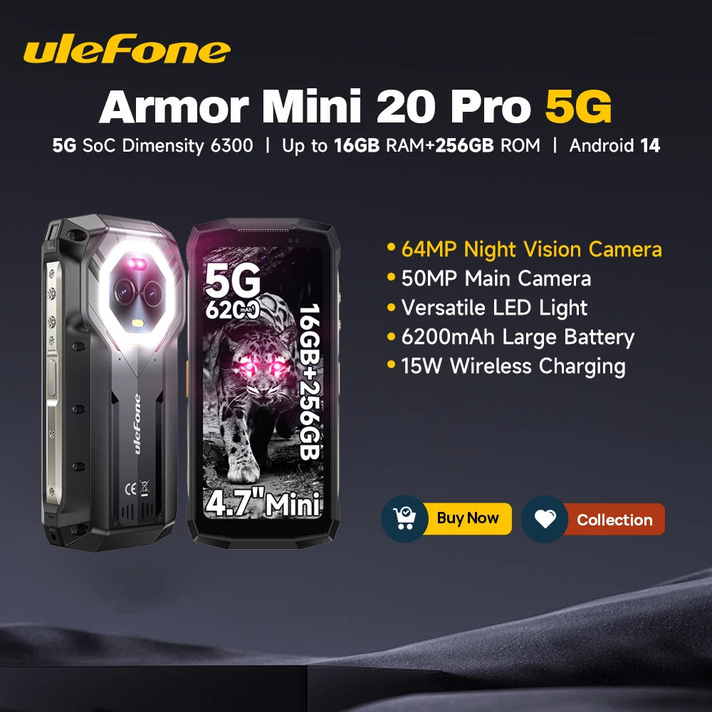 Ulefone Armor Mini 20 Pro Teléfono resistente de 4,7" Smartphone 5G Android 14 6200mAh 16GB(8+8) 256GB 64MP Visión nocturna Carga rápida de 33W