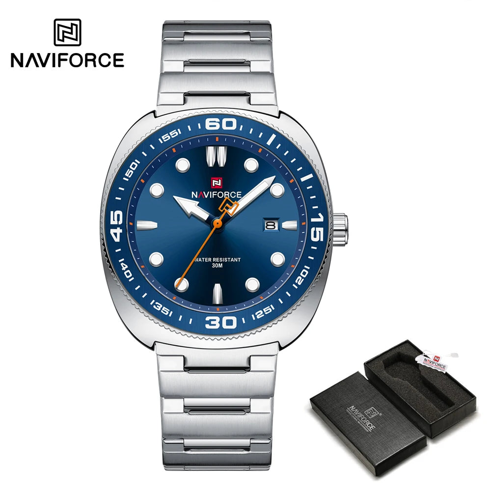 Reloj para hombre NAVIFORCE de lujo, estilo ejecutivo, con fechador, manecillas luminosas, correa de acero inoxidable, movimiento de cuarzo, reloj de marca a la moda