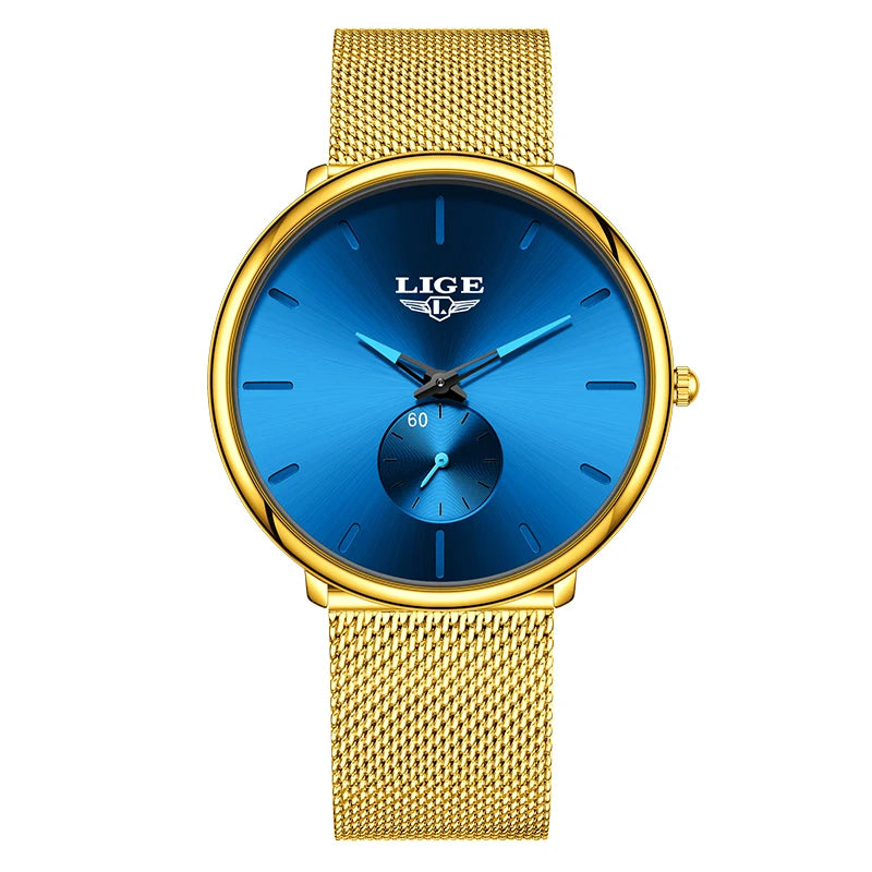 Reloj de cuarzo de lujo para hombre, marca LIGE, diseño moderno, informal, ultrafino, con malla de acero, resistente al agua, deportivo.