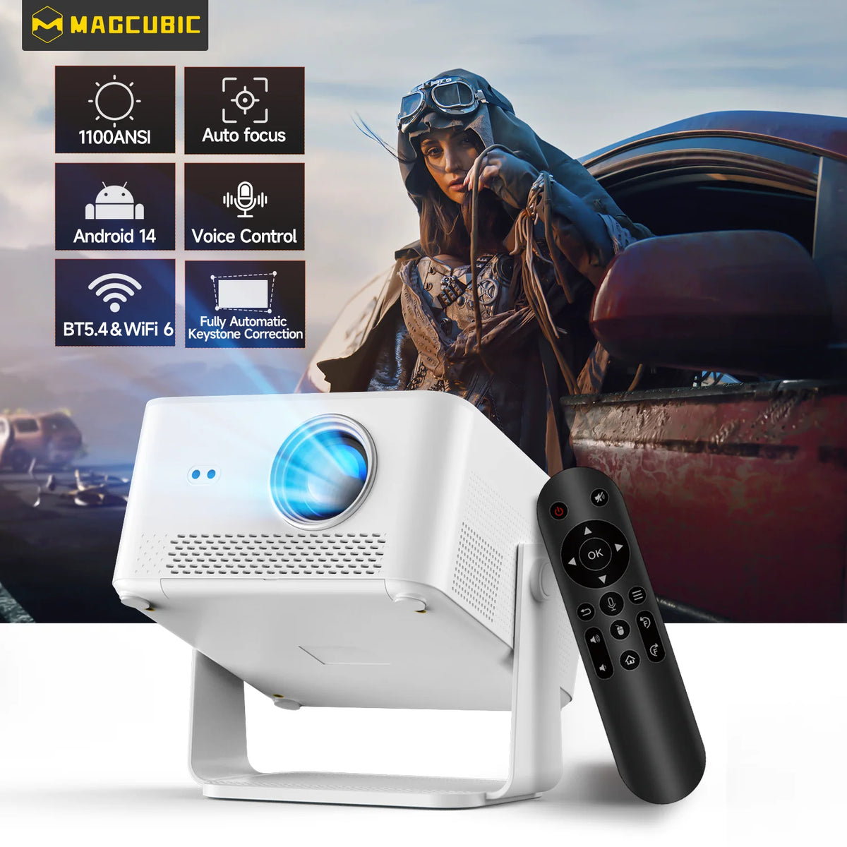 Proyector portátil blanco con lente azul y control remoto negro, carcasa plegable.