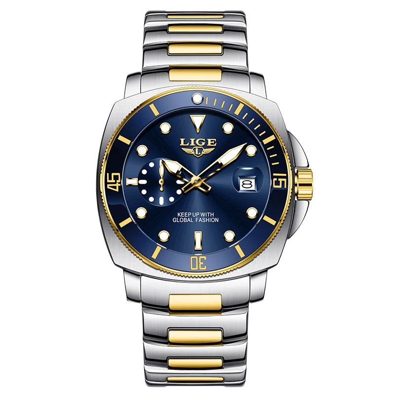 Reloj LIGE moderno para hombre, resistente al agua, luminoso, con calendario, de acero inoxidable, reloj de cuarzo para hombre, estilo deportivo y de negocios + caja