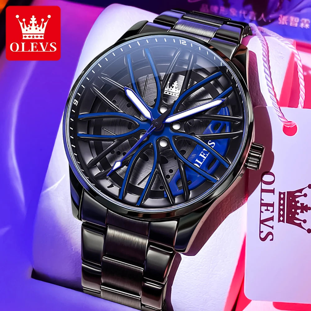 Reloj de lujo para hombre OLEVS 9937, resistente al agua, diseño de llanta de coche deportivo, reloj de cuarzo para hombre, de alta calidad, a la moda, el más vendido, luminoso.