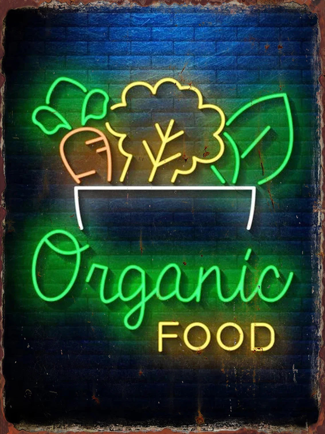 Cartel de metal con neón verde “Organic FOOD” y frutas/verduras ilustradas.